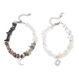 2шт. браслеты с подвесками из нержавеющей стали в виде солнца и луны, Браслеты из бусин с крошкой из опалита, натурального дымчатого кварца, хаулита, обсидиана, лабрадорита и белого лунного камня для женщин