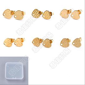 24Pcs 6 Style Heart Shape PVD Vacuum Plating 304 Stainless Steel Stud Earring Findings, with Ear Nuts/Earring Backs and Hole