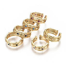Brass Micro Pave Cubic Zirconia Cuff Rings, Open Rings, Real 18K Gold Plated, Nickel Free, Square