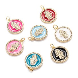 Real 18K Gold Plated Brass Micro Pave Clear Cubic Zirconia Pendants, with Enamel and Jump Ring, Long-Lasting Plated, Flat Round with Hamsa Hand