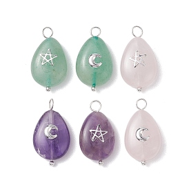 6Pcs 6 Styles Natural Green Aventurine & Rose Quartz & Amethyst Pendants, Teardrop Charms with Metla Sun Moon Star Slices, Silver Color Plated