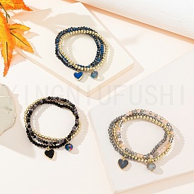 Chic Three-Color Crystal Beaded Bracelet with Heart Pendant - Stylish and Personalized Triple Wrap Bracelet for Women