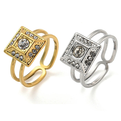 304 Stainless Steel Rhinestone Square Finger Rings for Women Men