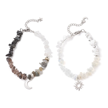 2шт. браслеты с подвесками из нержавеющей стали в виде солнца и луны, Браслеты из бусин с крошкой из опалита, натурального дымчатого кварца, хаулита, обсидиана, лабрадорита и белого лунного камня для женщин