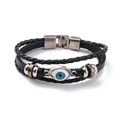 Multi- Strand Leather Cord Bracelets, with Alloy Findings, Evil Eye