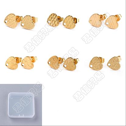 24Pcs 6 Style Heart Shape PVD Vacuum Plating 304 Stainless Steel Stud Earring Findings, with Ear Nuts/Earring Backs and Hole