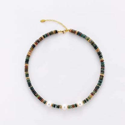 Collares con cuentas de perlas naturales de agua dulce y ágata india natural en forma de rondel con cadenas terminales de acero inoxidable.