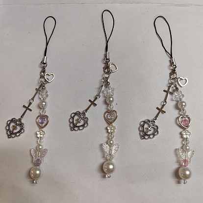 Cuentas de acrílico correas móviles, Corazón con amuleto de aleación cruzada y cordón de poliéster decoración de accesorios móviles