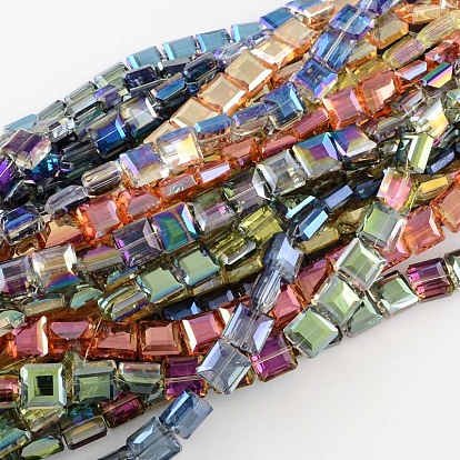 Transparent Half Plated Faceted Glass Beads Strands, Square, 13x13x7.5mm, Hole: 2mm, about 40pcs/strand, 19.6 inch