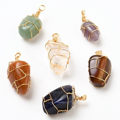 Natural Gemstone Pendants, Wire Wrapped Pendants, with Golden Plated Copper Wire, Nuggets