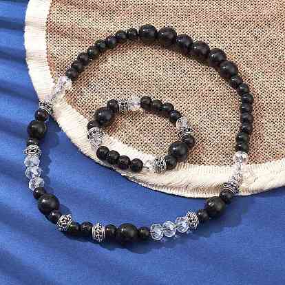 Colliers de perles en bois naturel et en verre et bracelet extensible, ensemble de bijoux