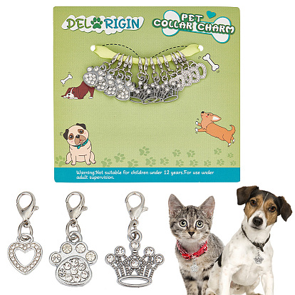 12 шт 3 стили сердце/корона/лапа принт сплава подвеска для домашних животных украшения, Сплав с застежками когтя омара