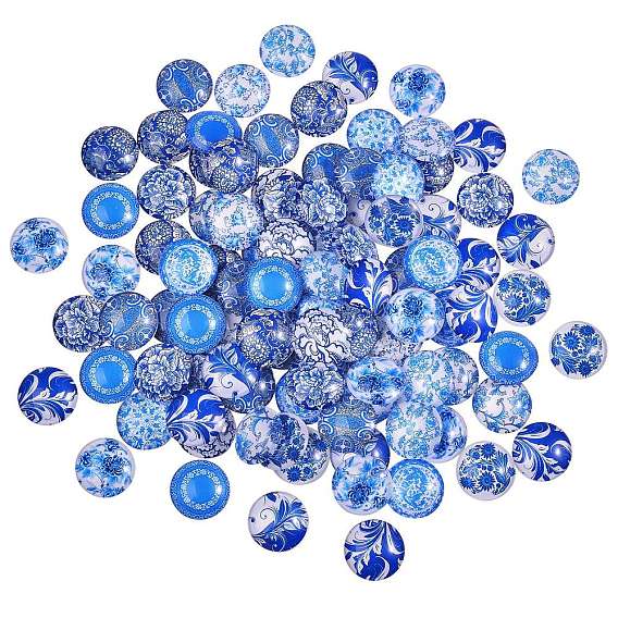 Blue and White Printed Glass Cabochons, Half Round/Dome