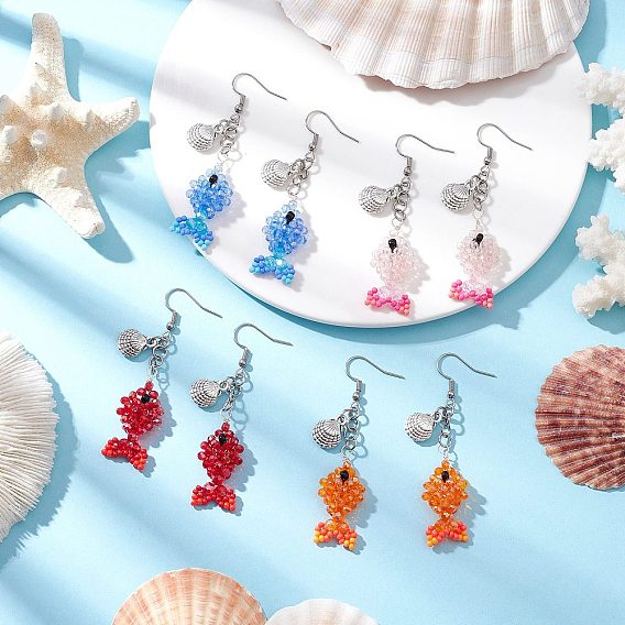 Рыба в форме ракушки 304 серьги-подвески из нержавеющей стали и стеклянных бусин, с подвесками из сплава в тибетском стиле и нейлоновой проволокой из рыболовной нити, античное серебро