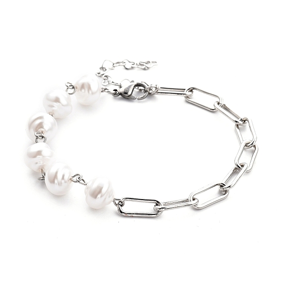White Plastic Imitation Pearl Links Bracelets, with Iron Paperclip Chains and 304 Stainless Steel Lobster Claw Clasps