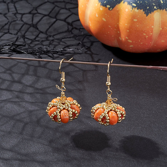 Тема Хэллоуина тыква ручной работы стеклянные бисерные подвесные серьги, с бусинами из синтетической крашеной императорской яшмы, с 304 нержавеющей стали серьги крючки, золотые