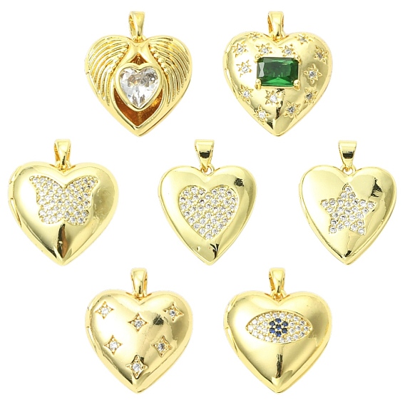 7шт. 7 стили латунные кулоны-медальоны с микропаве из прозрачного кубического циркония, сердце, золотые