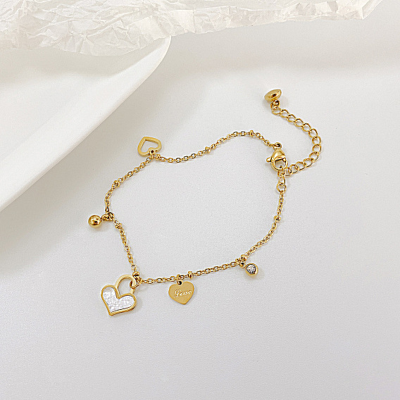 304 Браслеты из нержавеющей стали с прозрачными кубическими циркониями и подвесками из натуральной ракушки для женщин, сердце