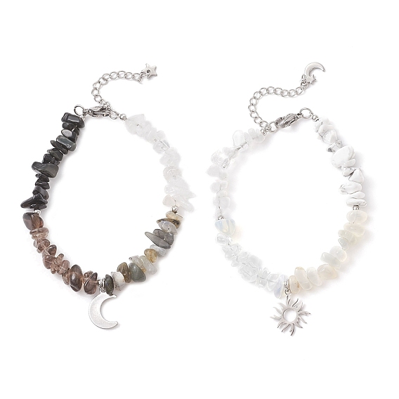 2шт. браслеты с подвесками из нержавеющей стали в виде солнца и луны, Браслеты из бусин с крошкой из опалита, натурального дымчатого кварца, хаулита, обсидиана, лабрадорита и белого лунного камня для женщин