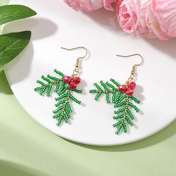 Stainless Steel Glass Dangle Earrings, Christmas Leaf