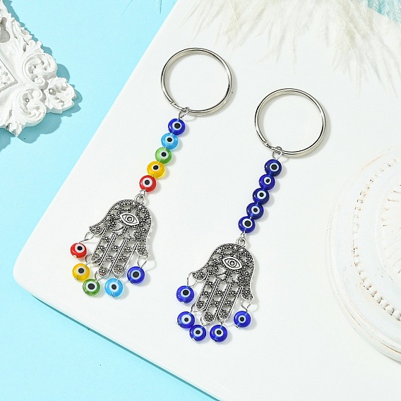 Брелки из сплава в тибетском стиле, с бусиной-лэмпворком от сглаза ручной работы и железными кольцами для ключей