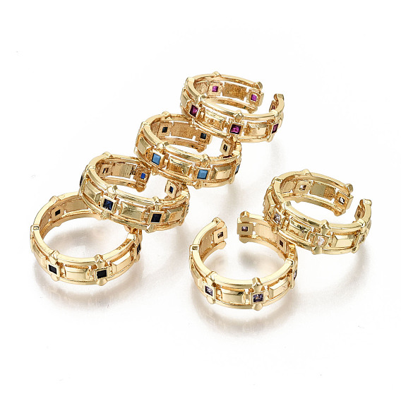 Brass Micro Pave Cubic Zirconia Cuff Rings, Open Rings, Golden, Nickel Free, Square