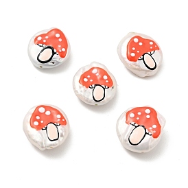 Autumn Theme Natural Culture Freshwater Pearl Beads, with Enamel, Flat Round with Mushroom Pattern