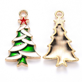 Alloy Enamel Pendants, for Christmas, Christmas Tree with Star, Light Gold