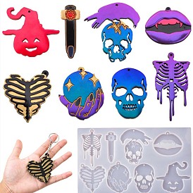 DIY Silicone Halloween Theme Pendant Molds, Resin Casting Molds, For UV Resin, Epoxy Resin Jewelry Making, Pumpkin/Skeleton/Lip