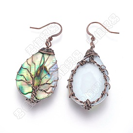 Abalone Shell/Paua Shell Teardrop with Tree of Life Dangle Earrings, Brass Wire Wrapped Drop Earrings for Women
