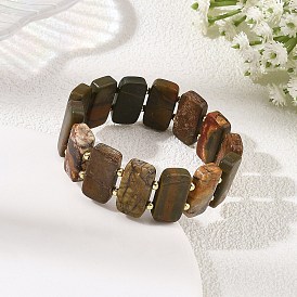 Natural Polychrome Jasper Picasso Stone Picasso Jasper Rectangle Tile Beaded Stretch Bracelets, Golden
