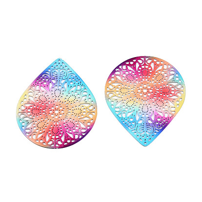 430 Stainless Steel Filigree Pendants, Spray Painted, Etched Metal Embellishments, Teardrop