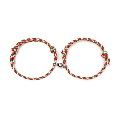 2Pcs Christmas Braided Cord Adjustable Bracelets Sets for Valentine's Day Present Gifts, with Alloy Magnetic Clasp