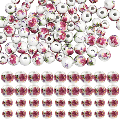 100шт 2 стили фарфоровые бусины ручной работы, круглые с цветочным узором
