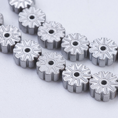 Electroplate Non-magnetic Synthetic Hematite Beads Strands, Frosted, Flat Round with Flower