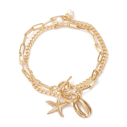 Anklets Sets, with Natural Pearl Beads, Brass Curb Chains & Paperclip Chains, 304 Stainless Steel Toggle Clasps & Pendants, Shell Shape & Starfish