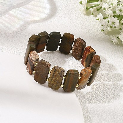 Natural Polychrome Jasper Picasso Stone Picasso Jasper Rectangle Tile Beaded Stretch Bracelets, Golden