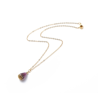 Natural Amethyst Teardrop Pendant Necklace, Gold Plated Brass Jewelry for Women