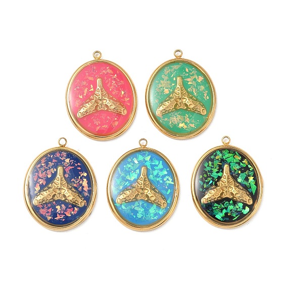 304 подвески из нержавеющей стали, эпоксидной смолы, с натуральными ракушками и пайетками внутри, овал с подвесками в виде китового хвоста, реальный 18 k позолоченный, вакуумное покрытие pvd