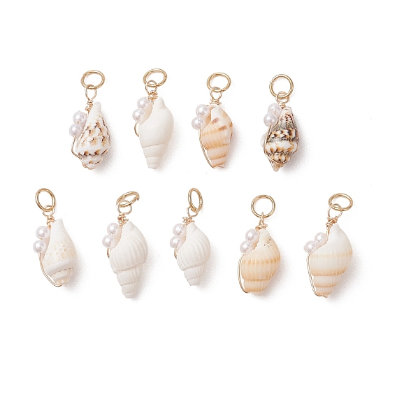 Естественно спиральные подвески оболочки, Подвески в форме ракушки с имитацией жемчуга, обмотанной медной проволокой., золотые