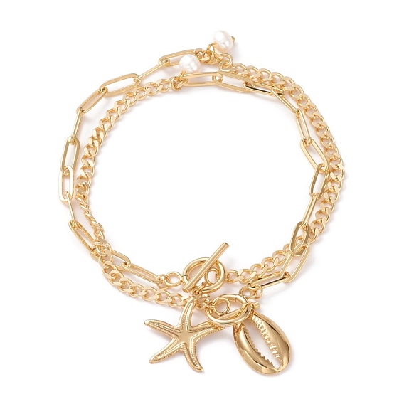 Anklets Sets, with Natural Pearl Beads, Brass Curb Chains & Paperclip Chains, 304 Stainless Steel Toggle Clasps & Pendants, Shell Shape & Starfish