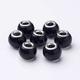 Spray Painted Glass European Beads, with Brass Silver Color Plated Cores, Large Hole Beads, Rondelle, 15x12mm, Hole: 5mm