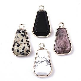 Natural & Synthetic Mixed Gemstone/Glass Pendants, with Light Gold Plated Brass Edge and Loop, Trapezoid, Faceted