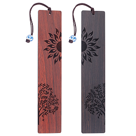 PandaHall Elite 2Pcs 2 Colors Sandalwood Carving Bookmark, with Polyester Cord and Ceramic Beads, Rectangle with Sun & Tree