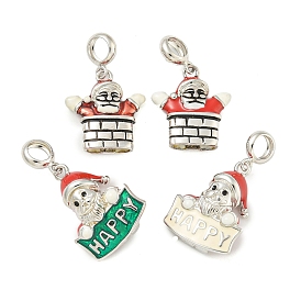 Rhodium Plated 925 Sterling Silver Enamel Christmas European Dangle Charms, Santa Claus Large Hole Pendants, Platinum