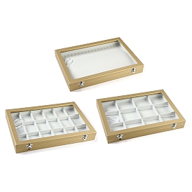 12/18 Grids Imitation Leather Jewelry Boxs, Rectangle Desktop Organizer Case with Glass Cover, for Rings, Earrings, Necklaces