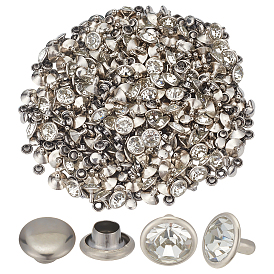 200 наборы латунных заклепок со стразами, шапки и шпильки, для изготовления поделок из кожи, платина, плоско-круглые