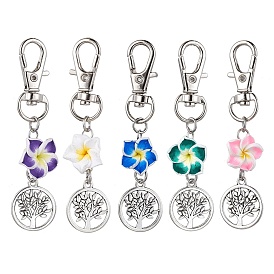Handmade Polymer Clay Plumeria Pendant Decorations, Tree of Life Tibetan Style Alloy and Swivel Lobster Claw Clasps Charm