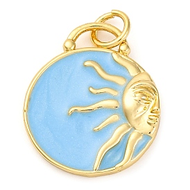 Colgantes de esmalte de bronce, con anillo de salto, sin plomo y cadmio, real 18 k chapado en oro, Plano y redondo con adornos de sol y ciervos.