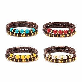 2Pcs 2 Style Synthetic Turquoise(Dyed) & Natural Coconut Stretch Bracelet Sets, Wood Gemstone Jewelry for Women